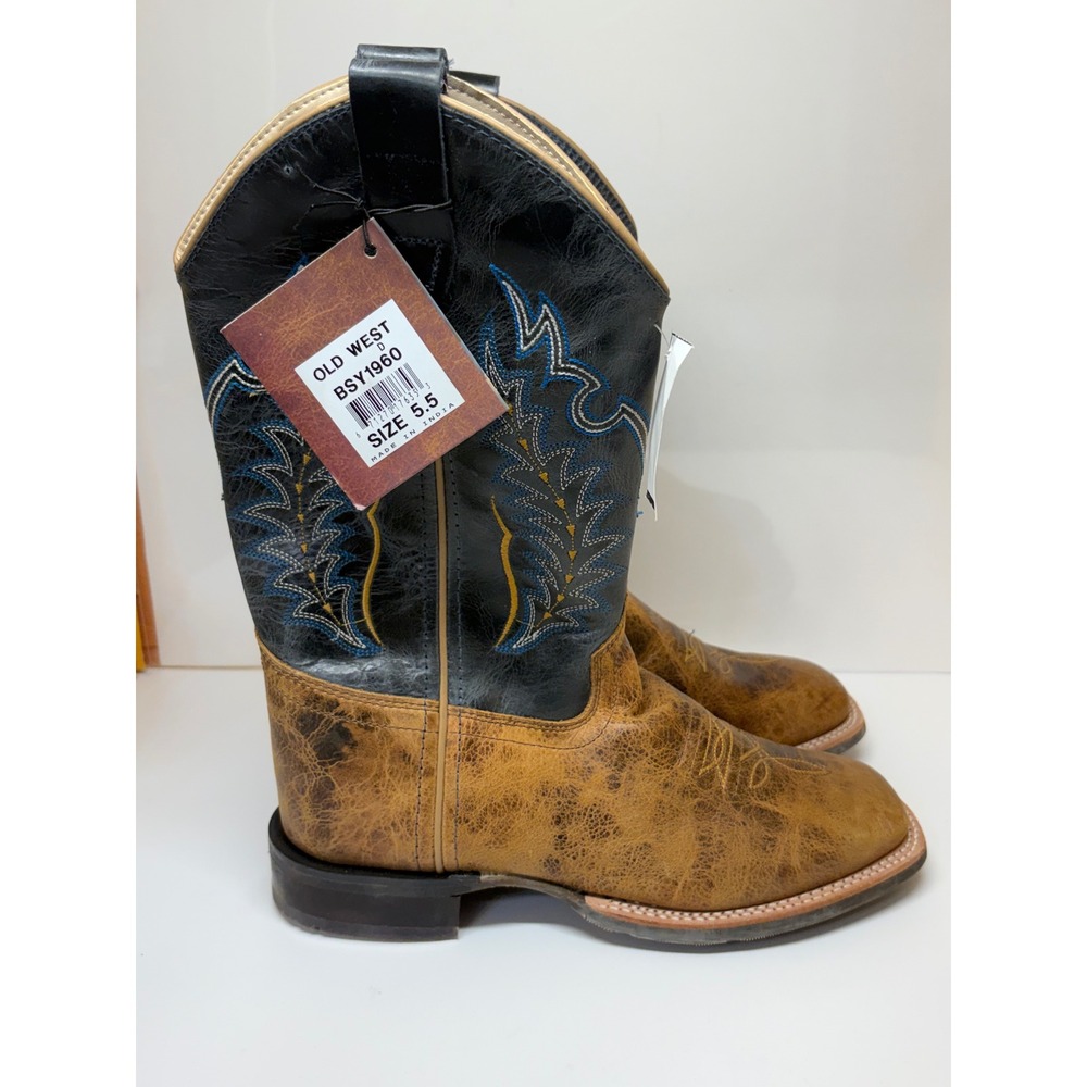 Old West BSY1960 Youth Cowboy Boots Burnt Tan Navy Blue Wide Square Toe 5.5 D
